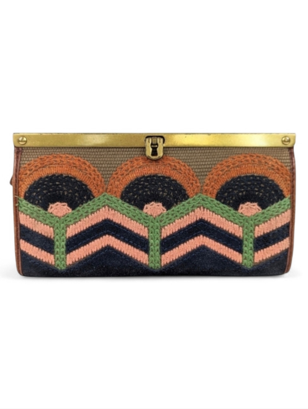Fossil VRI Embroidered Accordion Wallet Cowhide Blue Suede Brass Turnlock Boho